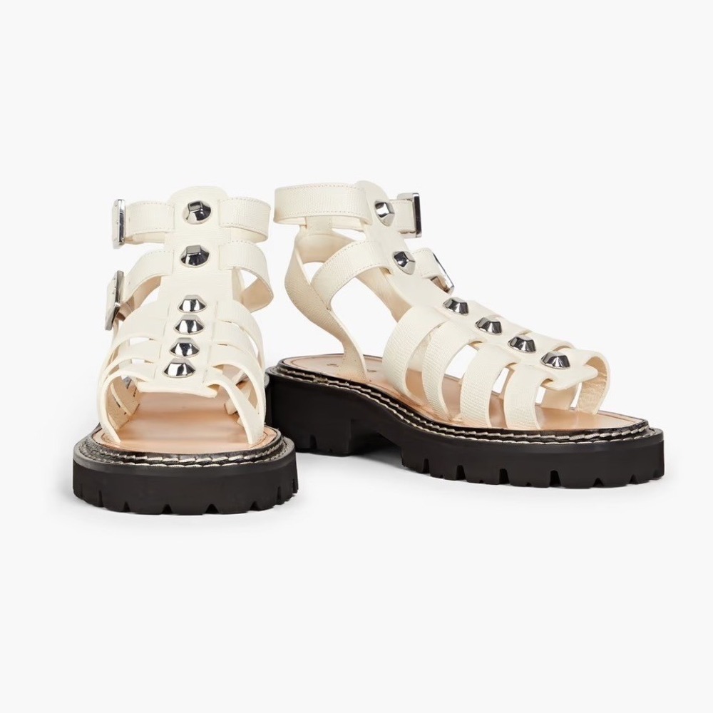 Sandro Ivory Leather‎ Studded Fisherman Sandals Size 37 Gladiator Black Lug Sole